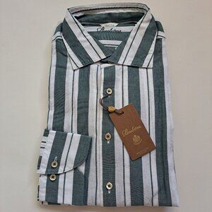 NEW Stenstroms Striped Green Button Down Linen Cotton Dress Shirt Size L